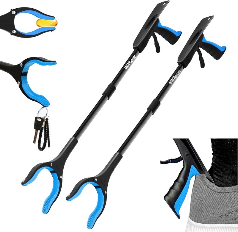 GrabRunner 2 Pack 32 inch Folding Reacher Grabber Tool with Strong Magnetic and Swivel Head &Shoehorn (Blue Blue) - Image 1
